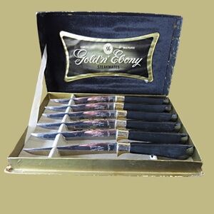 Vintage Glo Hill Ebony and Gold Plated Steak Knives